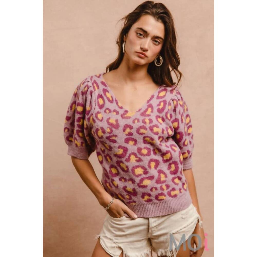 NEW BIBI puff sleeve sweater in leopard
